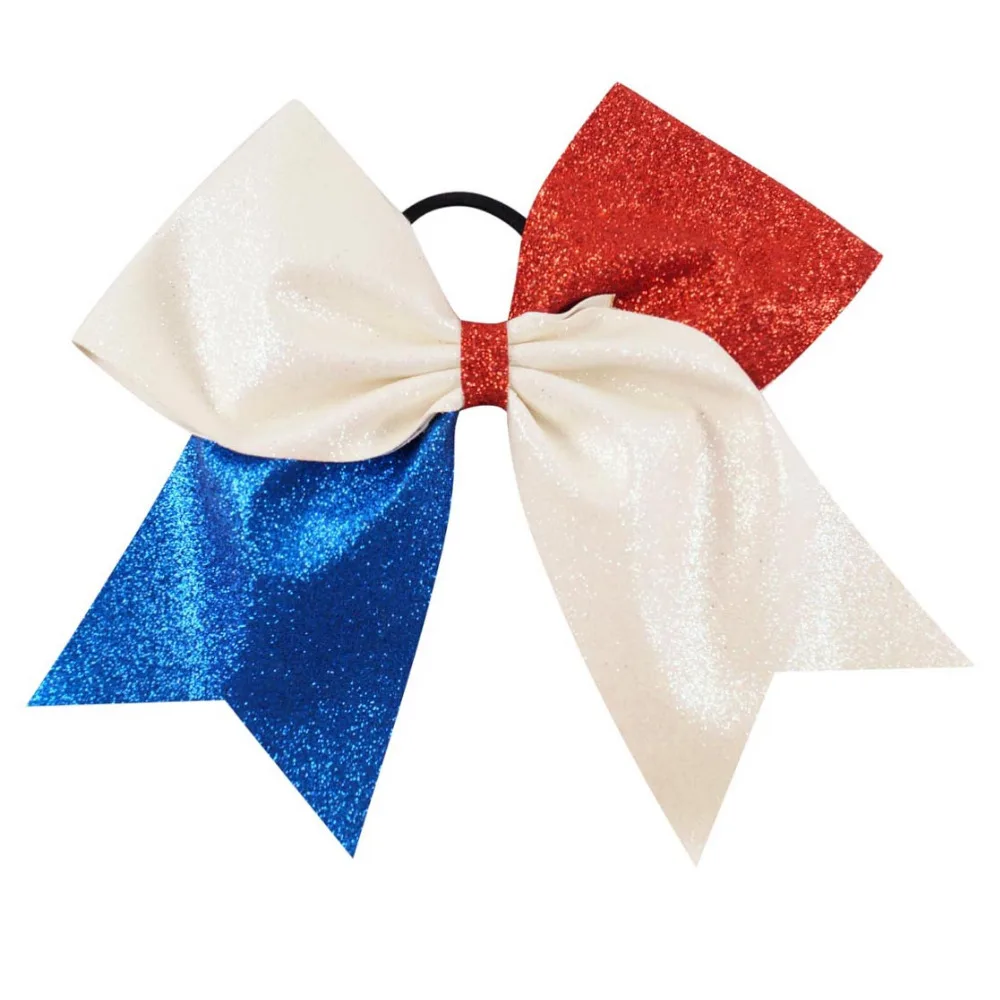 

2pcs/lot 7'' 4th July Kids' Printing Patchwork Patriotic Cheerbow with Elastic Ponytail Ribbon Cheerleading Bows for Girls