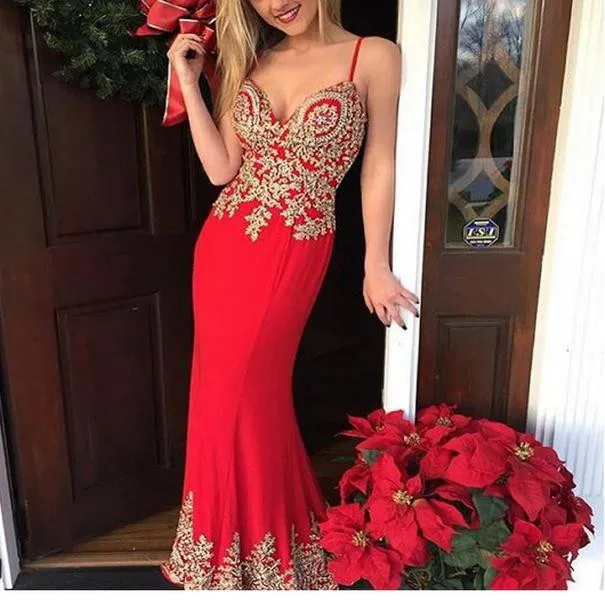 Sexy Spaghetti Straps Dubai Arabic Mermaid Long Evening Dresses Gold Lace Appliques Red Formal Dress Party Vestido De Festa | Свадьбы и