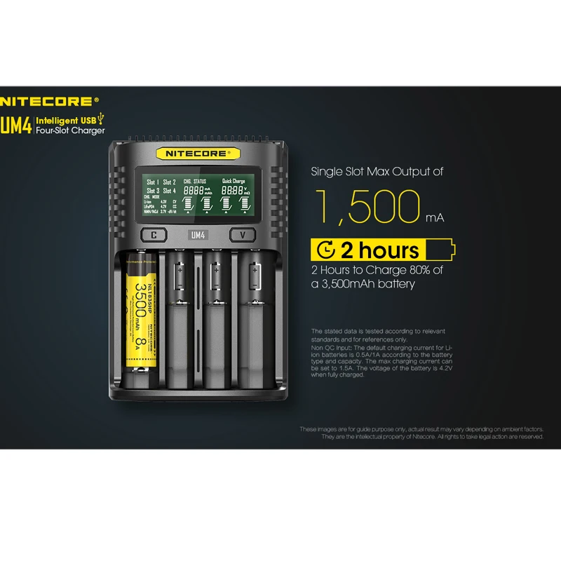 NITECOR UM4 C4 VC4 LCD Смарт зарядное устройство для Li ion/IMR/INR/ICR/LiFePO4 16500 14500 18650 26650 21700 AAA