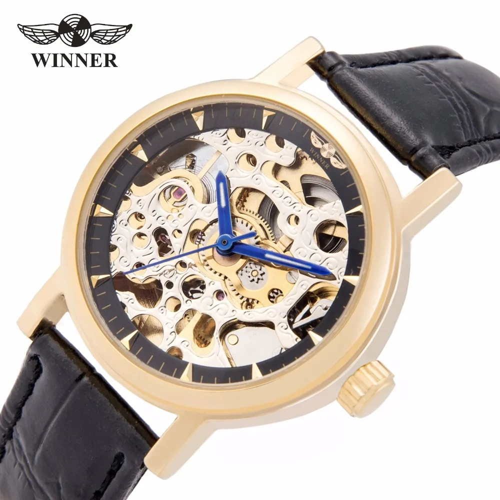 WINNER роскошное платье для женщин механические часы черный кожаный ремешок синие