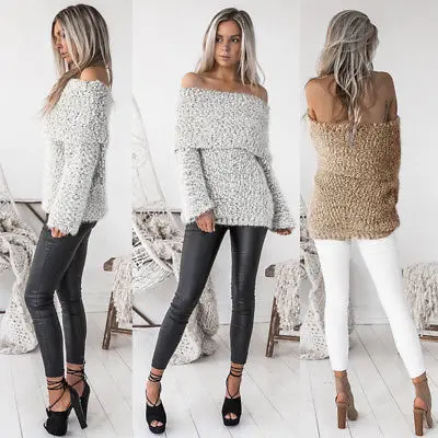 Long Sleeve Knitted Top Women Fashion Off Shoulder Sweater Casual 2019 Autumn Winter Sweaters | Женская одежда