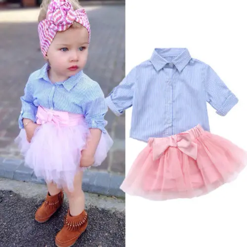 Kids Baby Girls clothes cotton Stripes T-shirt Top +Lace Tutu Skirt Outfits Set Clothes 2pcs | Мать и ребенок