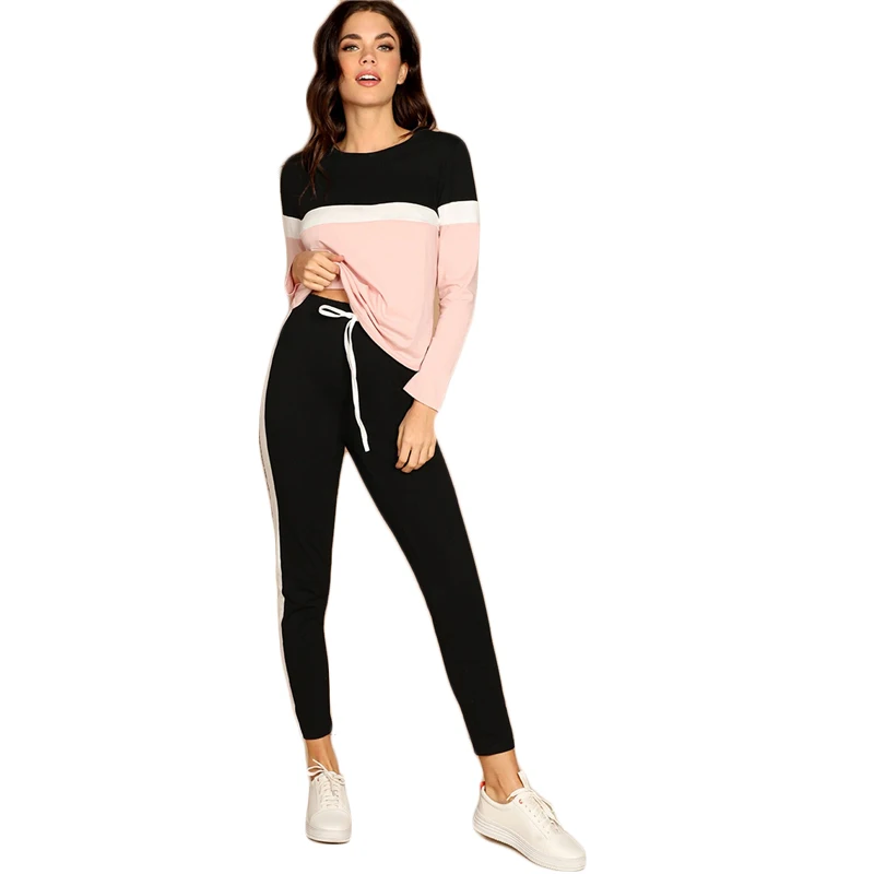 SHEIN Контрастный Топ И Брюки Комплект Женский Весенний Многоцветный Спортивный Топ С Длинными Рукавами И Брюки Комплект