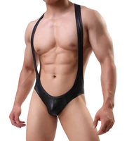 faux leather male wrestling one piece suit mens sexy underwear stage performances pants jumpsuit shoulder strap