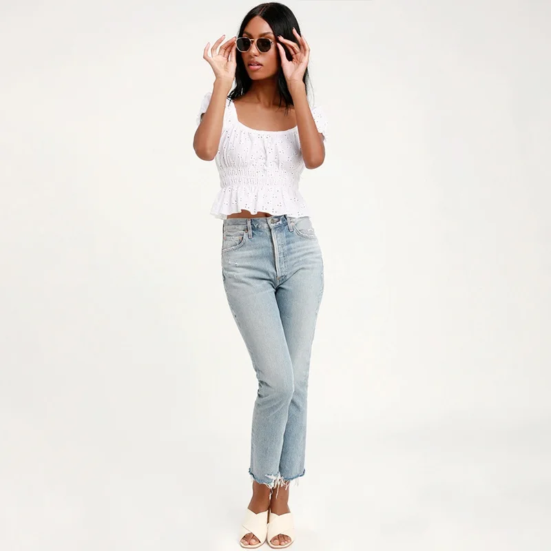 2019 летняя новая хлопковая вышитая белая тонкая Милая рубашка с коротким рукавом