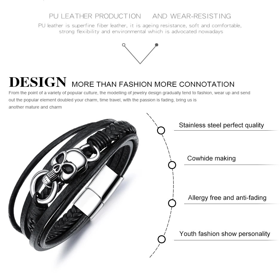 MNWT мужские ювелирные изделия винтажный Многослойный черный кожаный браслет