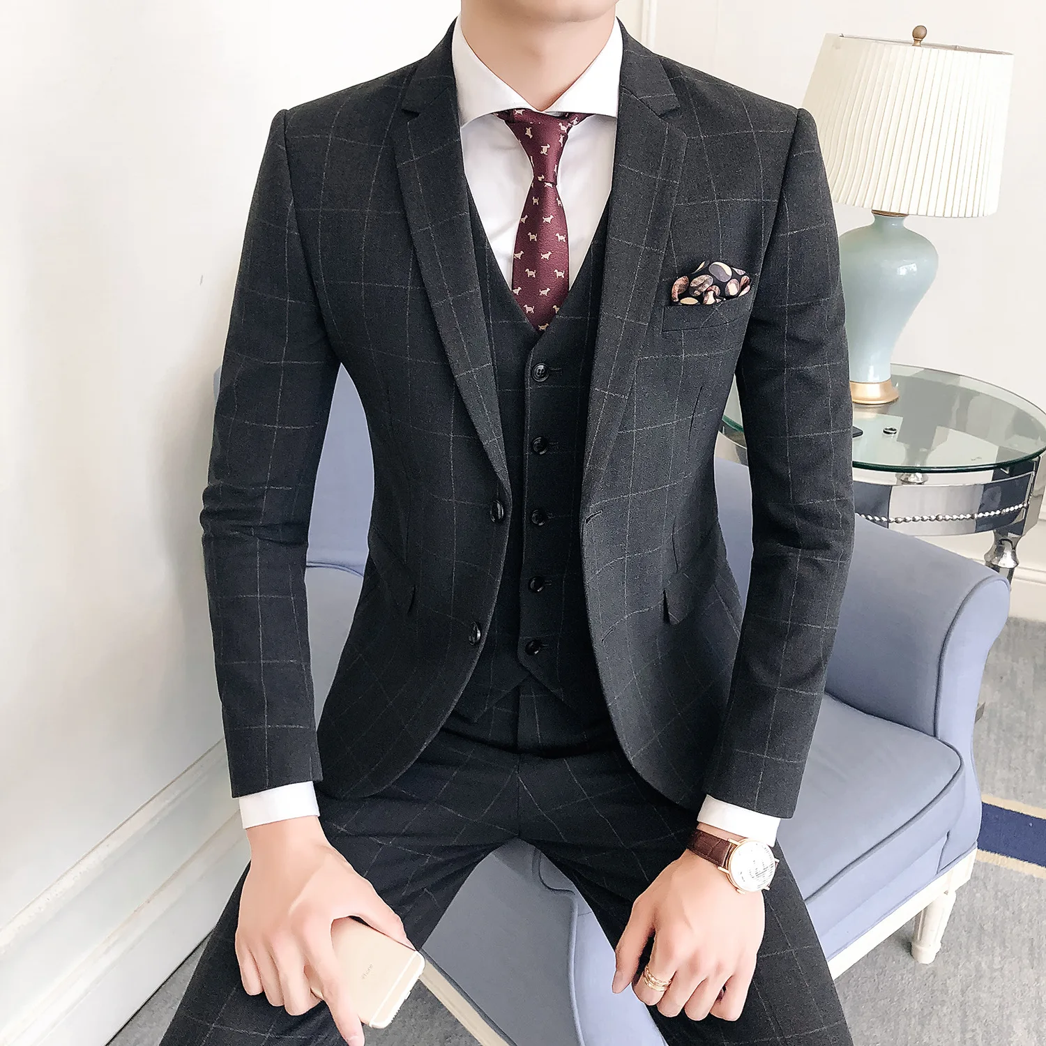 

Mens British Style Business Casual Single-breasted Suits /male Solid Color Plaid Blazers Jacket + Pants Sets Trajes Hombre