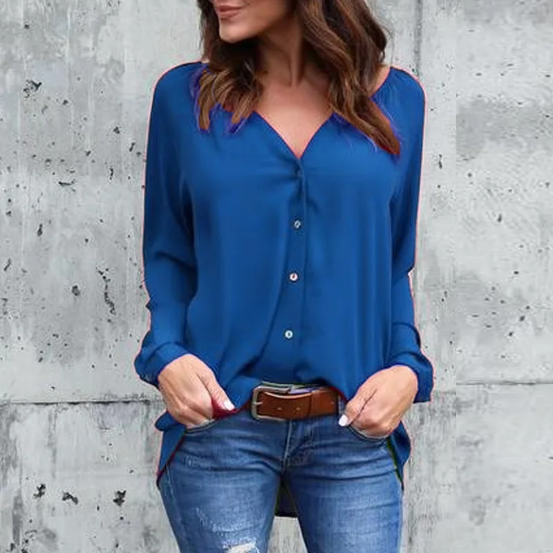 Fall 2019 explosions V-collar pleated button long sleeve loose chiffon shirt 8color 8yard plus size women blouse QP015 | Женская одежда