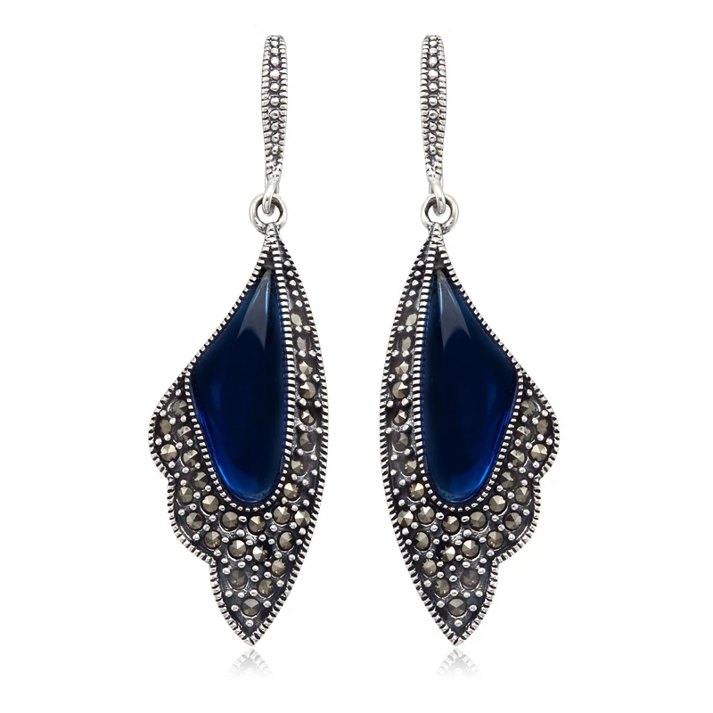 

High quality 925 sterling silverwomen jewelry retro bohemian long earrings natural stone blue corundum garnet lovers best gift