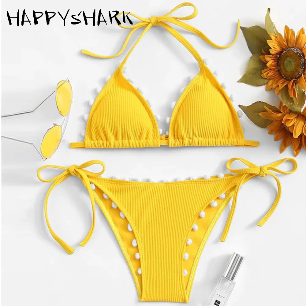 

HAPPYSHARK Sexy Pompon Bikinis 2019 New Yellow Swimsuit Brazilian String Biquinis White Girls Summer Swimwear Maillot De Bain