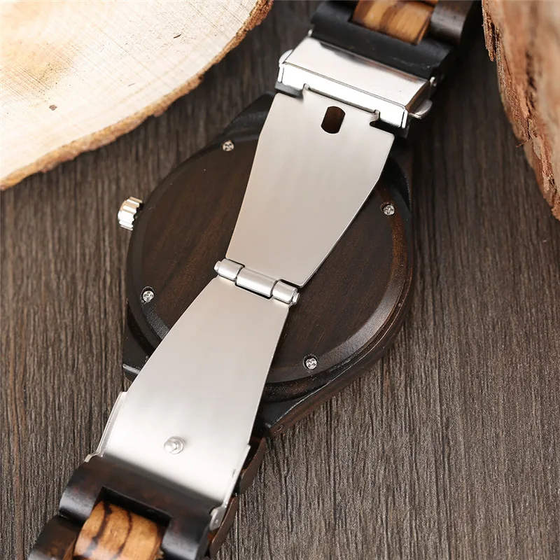 

Hot Fashion Stripe Pattern Hand-made Wooden Men Watch Black Dial Bracelet Clasp Modern Nature Design Male Quartz Wristwatch Gift
