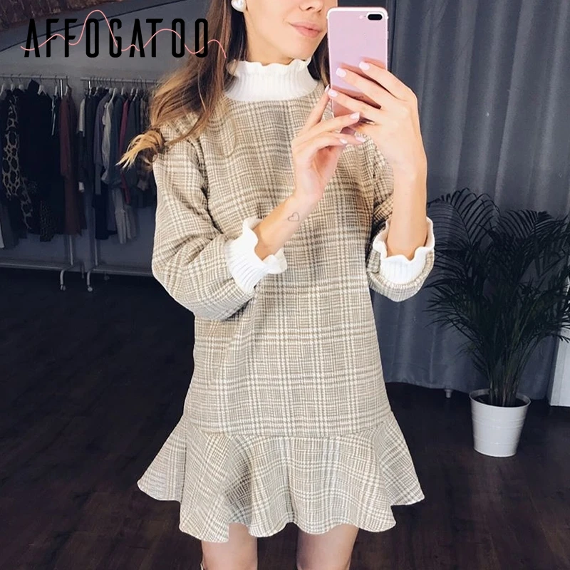 Женское винтажное клетчатое платье afogatoo элегантное Трикотажное короткое с