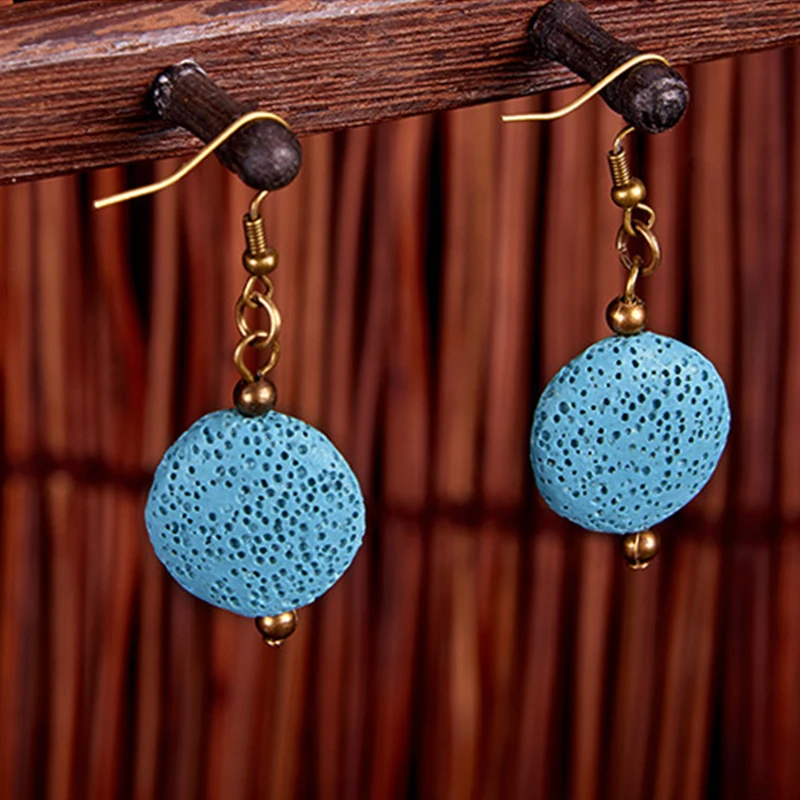 Стильные 8 цветов Круглый Лава висящие серьги с подвесками вулканический камень