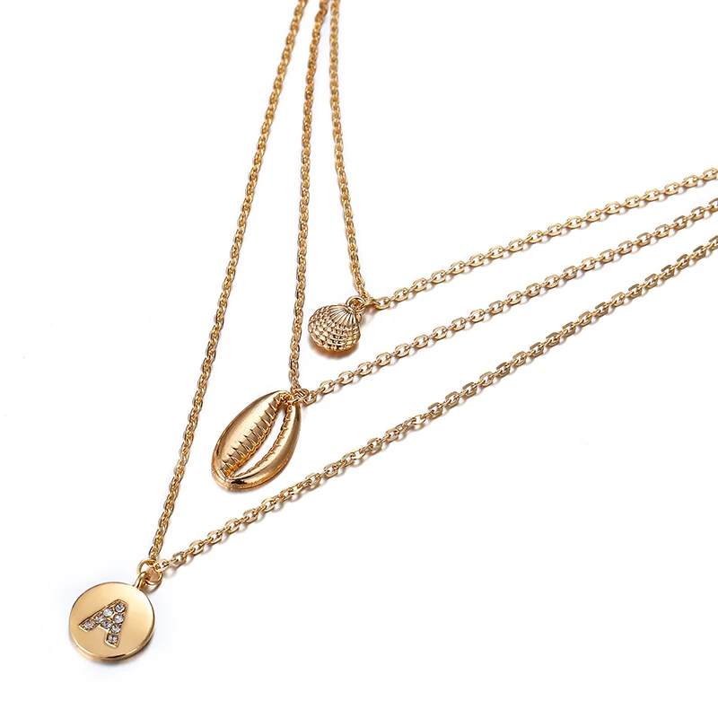 Bohemia Accessories Shell Inlaid Crystal Letter A Multi-layer Ladies Necklace Pendants For Women Medallion Jewelry | Украшения и
