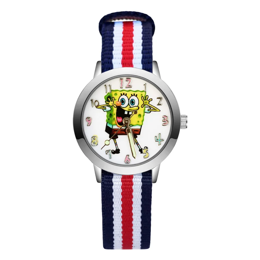 Blue white red Модные милые детские часы в стиле Спанч Боб, детские Студенческие Кварцевые наручные часы с нейлоновым ремешком для мальчиков и девочек JA137 - Цвет: Blue white red