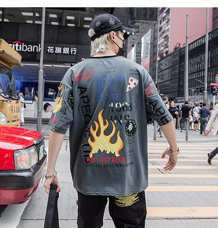 AELFRIC огненное пламя граффити буквы печати футболки Harajuku Хип Хоп Уличная одежда летние модные повседневные футболки с коротким рукавом