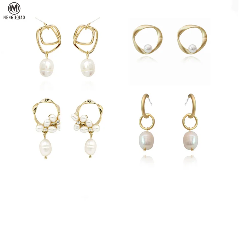 

MENGJIQIAO 2019 New Trendy Chic Japan Irregular Beaded Simulated Pearl Earrings For Women Cute Knot Circle Long Pendientes Gift