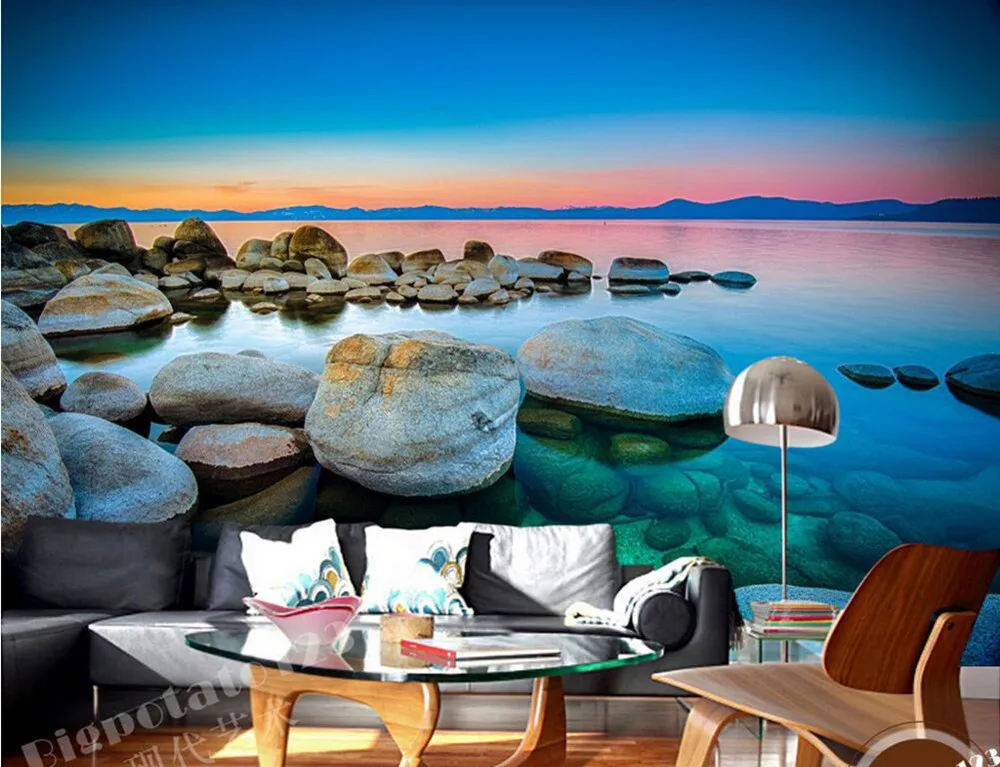 Custom 3d murals Beautiful fire clouds blue sky stone lake scenery papel DE parede living room sofa tv wall bedroom wallpaper |