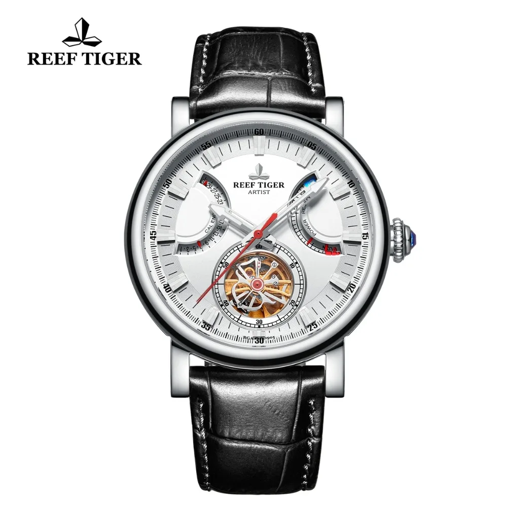 

Reef Tiger/RT Automatic Watch for Men Solid Steel Black Leather Strap Watch with Date Day RGA1950