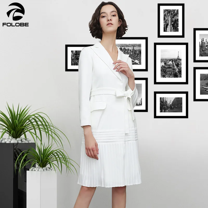 FOLOBE Женский Белый Длинный блейзер с поясом и длинным рукавом офисное пальто для