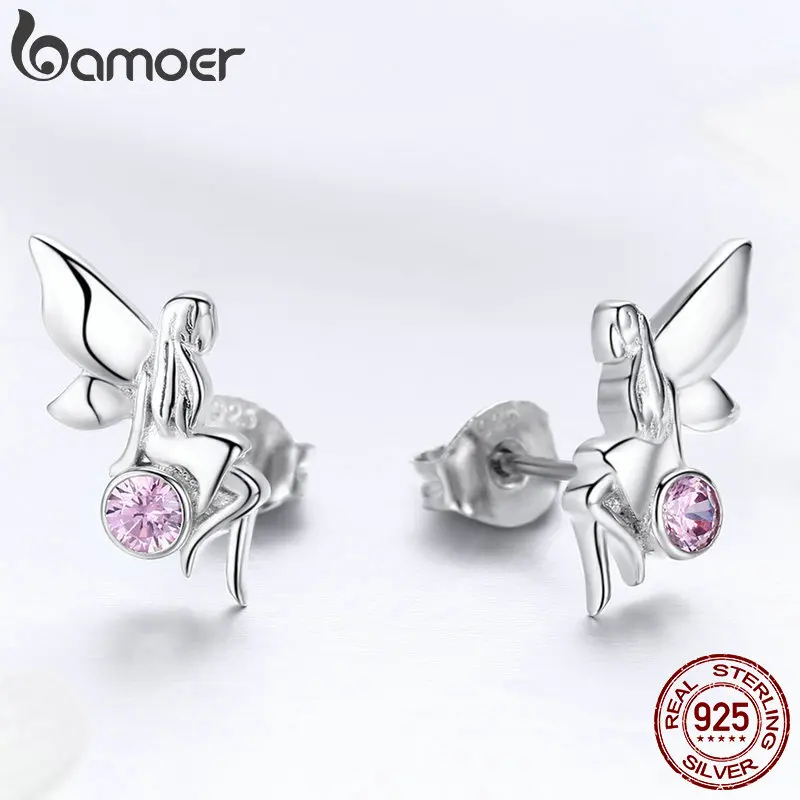 BAMOER, новинка, тренд, 925 пробы, серебро, цветок, фея, розовый CZ, серьги-гвоздики для женщин, Стерлинговое Серебро, ювелирное изделие, подарок SCE395