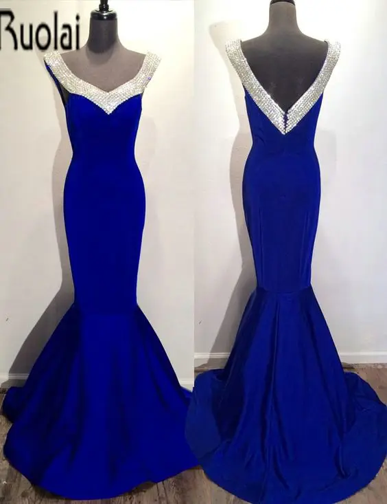 Royal Blue Satin V Средства ухода за кожей шеи рукава Русалка Сексуальная этаж Длина