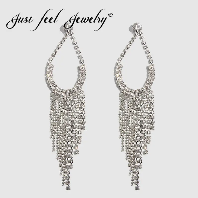 Женские Висячие серьги JUST FEEL белые прозрачные с кристаллами и кисточками