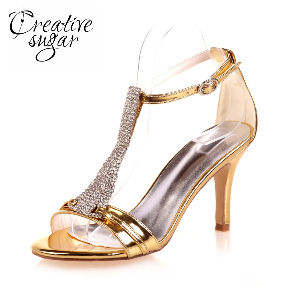 Creativsugar женские Кристальные сандалии с Т образным ремешком для коктейльных
