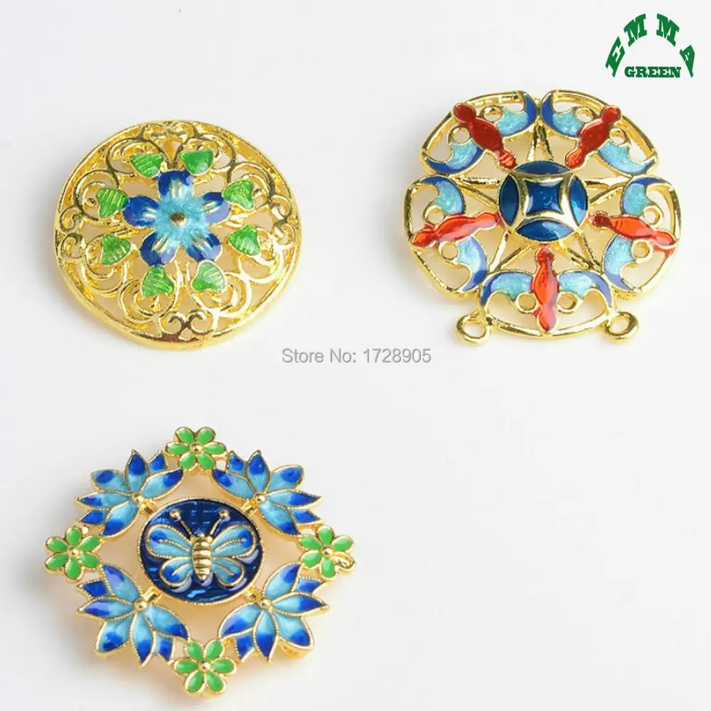 Ethnic Enamel round Flower Ornaments 5pcs 32mm Gold Color Flora Boutique Bouquet Charm Pendant with Back Hole