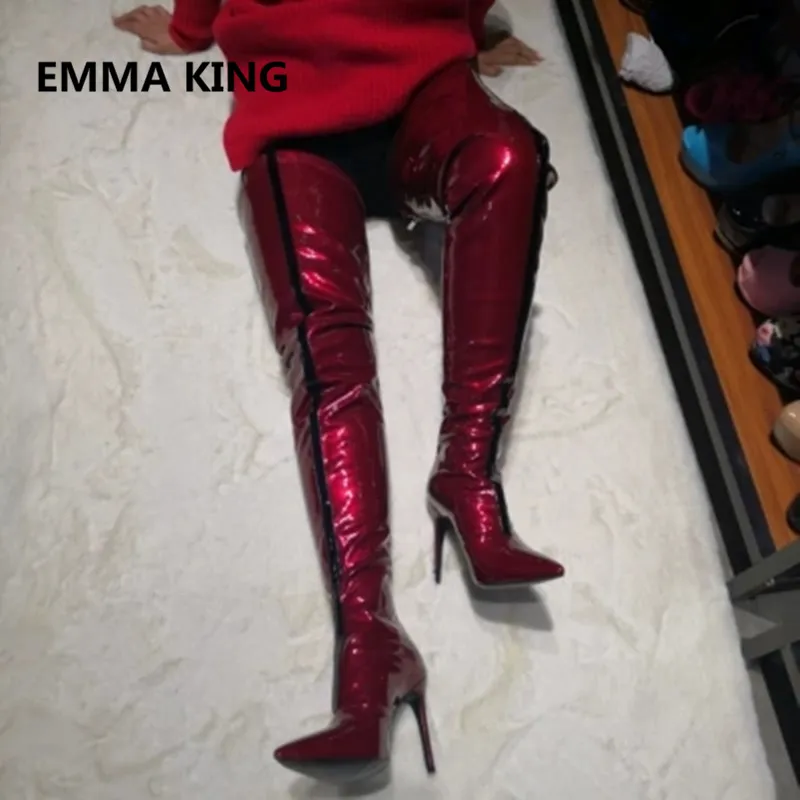 Женские ботфорты выше колена из красной кожи с острым носком на высоком