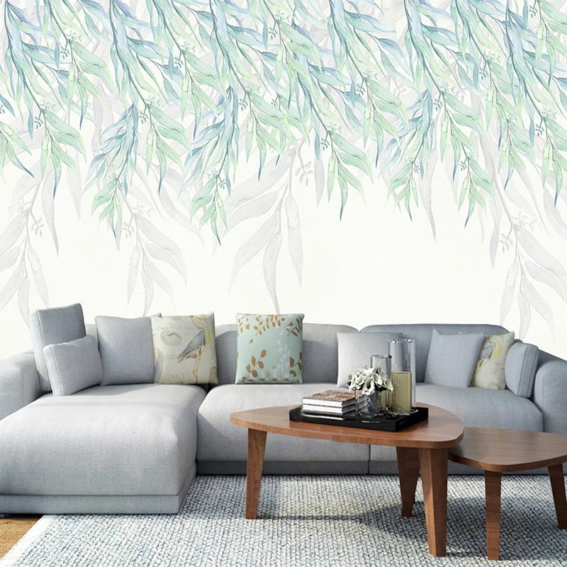 

Custom 3D Waterproof Canvas Fabric Self-adhesive Mural Wallpaper Wall Decals Green Leaves Bedroom Living Room Background Sticker