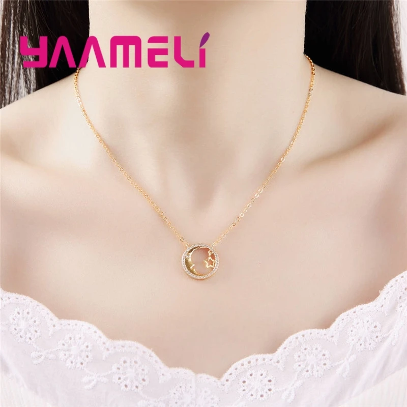 Таинственное круглое ожерелье с Луной и звездой кулон для женщин леди 24K золото