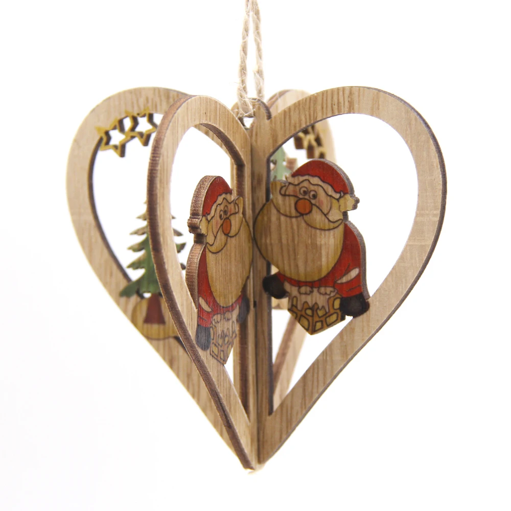 Heart Santa Tree 3 набора, 3D креативные рождественские деревянные подвески, украшения, сделай сам, звезда и сердце, деревянные поделки, рождественские украшения, елочные украшения, детские подарки - Цвет: Heart Santa Tree