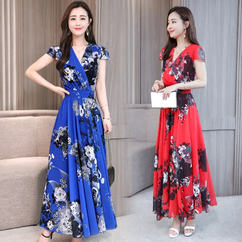 

Women Chiffon Print Maxi Dress Plus Size Casual V-neck Short Sleeve Draped Tie Dye Dresses Boho Party Robe Longue Femme Vestidos