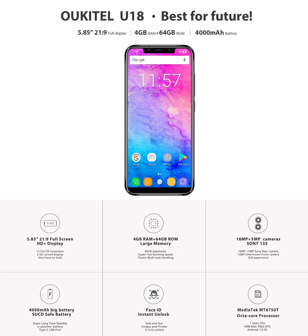 OUKITEL U18 5 85 &quot21:9 полный экран Face ID Смартфон Android 7 0 MT6750T Octa Core 4 Гб 64 13MP Двойная камера
