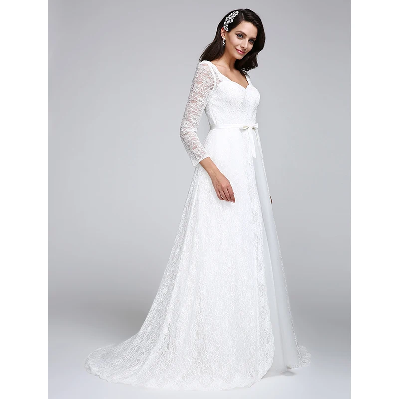 LAN TING BRIDE А-силуэт v-образный вырез свадебное платье со шлейфом средней длины