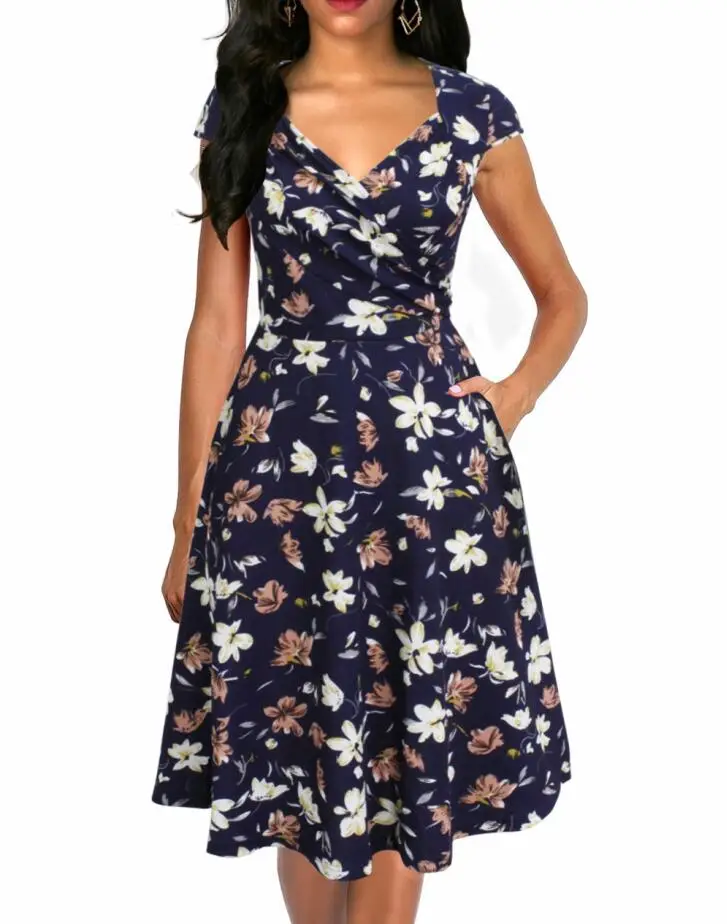 Navy Floral Berydress, женское платье с коротким рукавом и рюшами, в горошек, а-силуэт, пышное, свободное, приталенное, Vestidos, для свадьбы, вечеринки, летнее, расклешенное платье с карманом - Цвет: Navy Floral