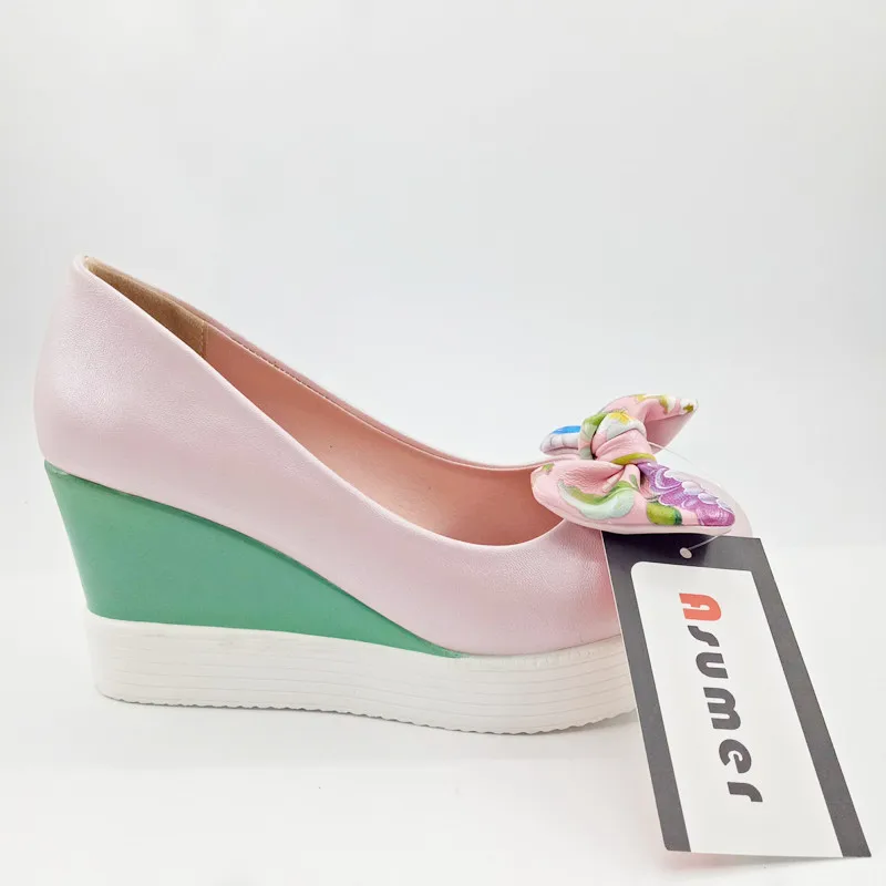 

ASUMER Sweet wedges pumps bowtie round toe soft pu leather platform women pumps shoes woman spring summer 2021 size 4-42