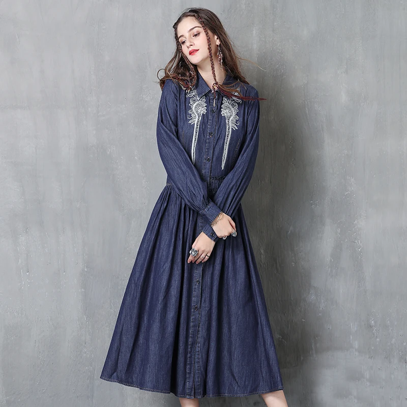 Женское платье 2017 года Yuzi.may Boho новое джинсовое с отложным воротником и длинным