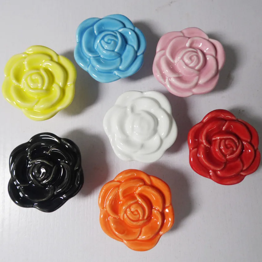 

modern fashion rural rose ceramic furniture knobs white black red yellow blue pink orange rose drawer cabinet knob cartoon knob