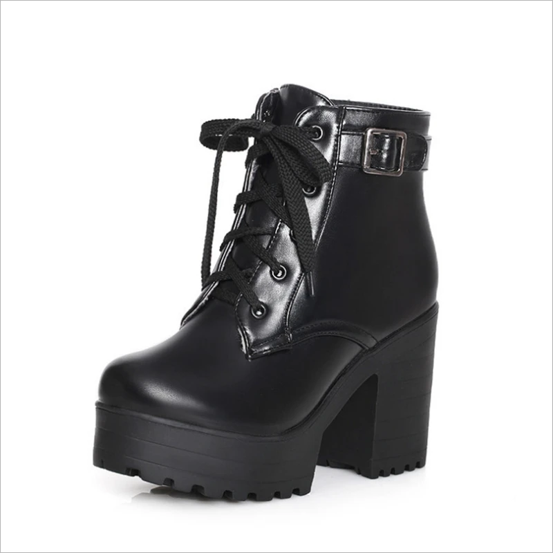 Ankle fashion women high heel boots woman casual shoes lace up white black pink with buckle | Обувь