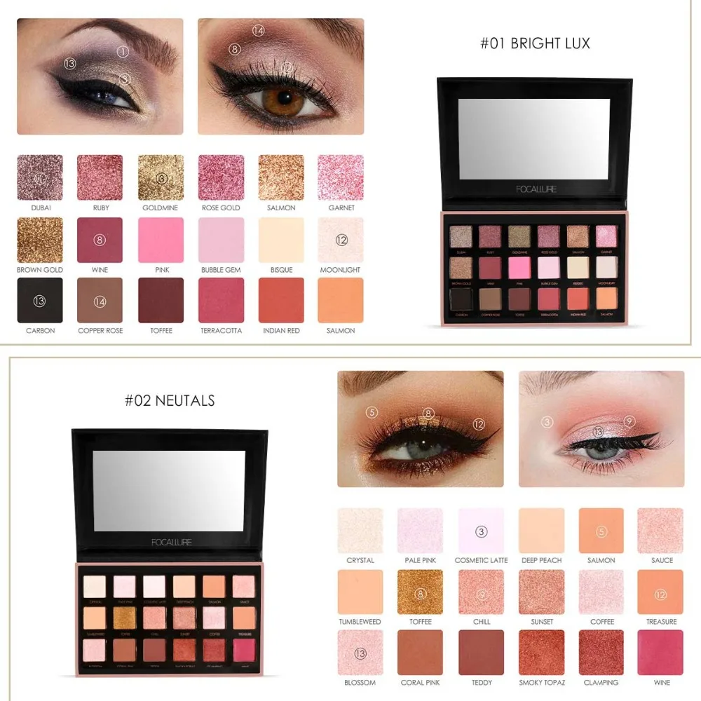 FOCALLURE 18Colors Eyeshadow Makeup Shimmer Matte Pigment Eye Shadow Cosmetics Mineral Nude Glitter Palette of Shades |