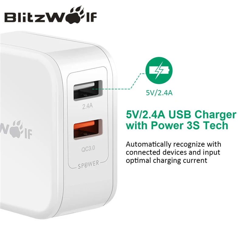 BlitzWolf QC3.0+ 2.4A 30 Вт двойное USB зарядное устройство для мобильного телефона быстрое зарядное устройство адаптер ЕС дорожное настенное зарядное устройство для iphone 8 8 Plus X