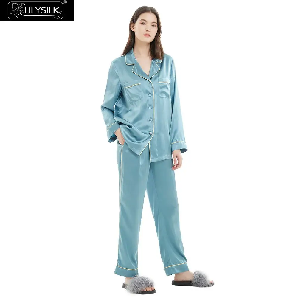 Blue Haze LilySilk набор пижам с золотым окантованным шелком для женщин Полная длина чистый 100 шелк 22 momme Mulberry - Цвет: Blue Haze