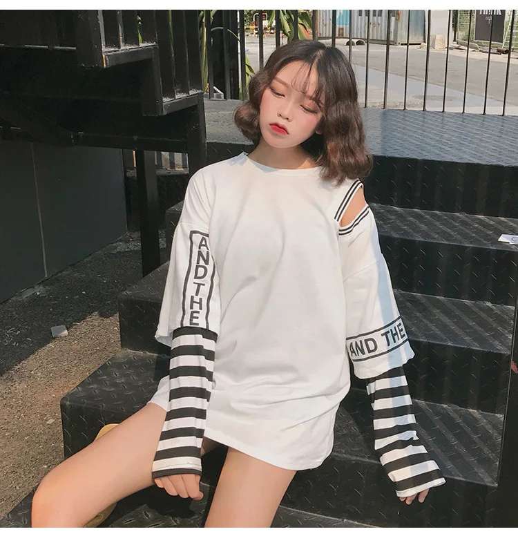 Футболка Femme 2018 весенняя одежда женские корейские Ulzzang Harajuku полосатые рукава