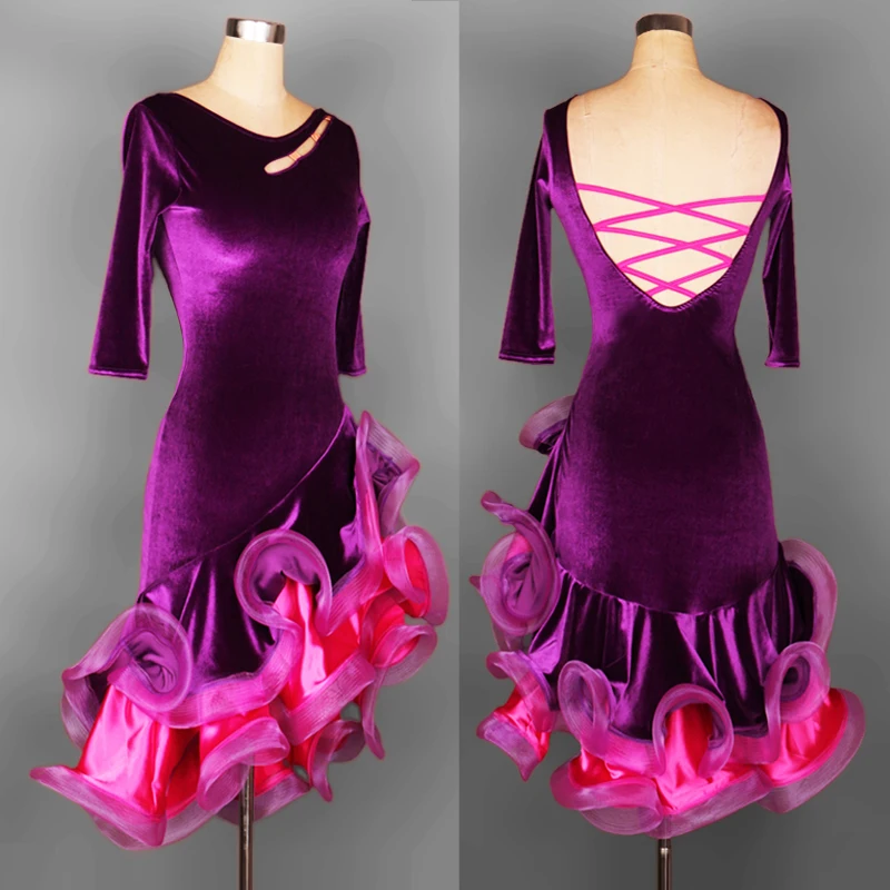

Svitania Latin Dance Dress Ladies Long Sleeve velvet Dancewear Salsa Samba Dance Latin Salsa Dresses S-2XL