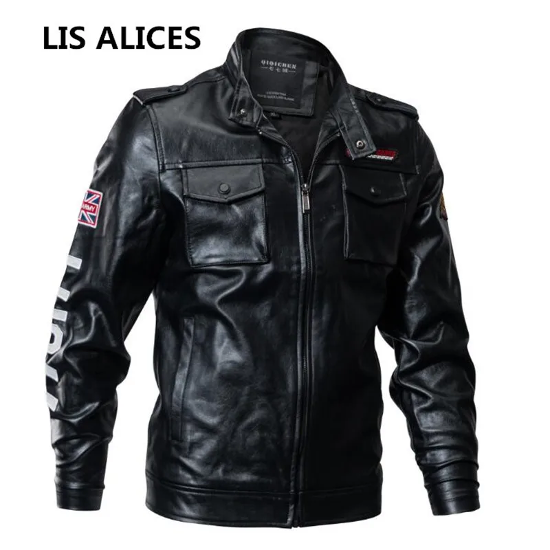 Мужская куртка в стиле милитари черная облегающая из искусственной кожи с