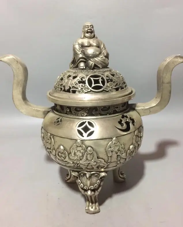 

Китайская коллекция archaize белая медная Майтрея Будда крышка курильница