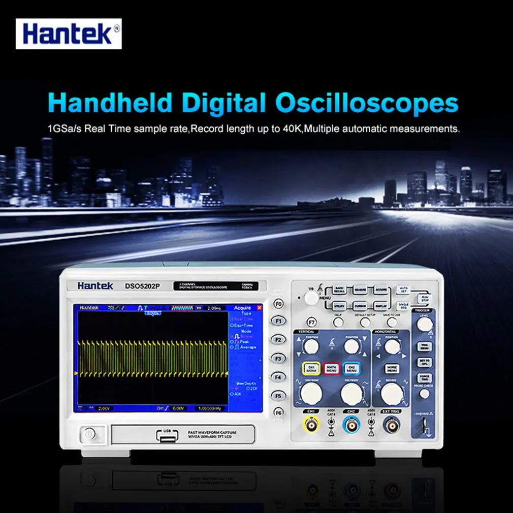 Цифровой осциллограф Hantek Портативный 100 МГц/200 МГц 2 канала 1GSa/s длина записи 40K USB