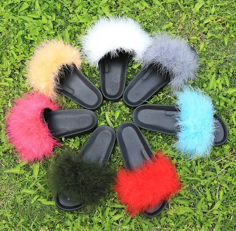 Женские меховые тапочки шлепанцы с перьями страуса домашние модные Вьетнамки